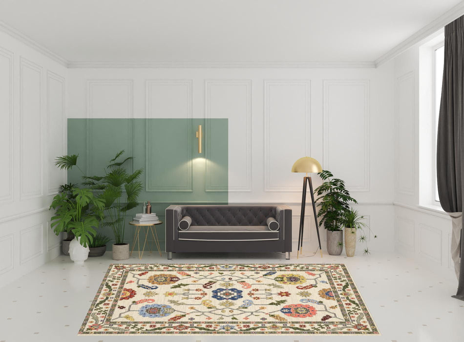 8' x 11' Oriental Power Loom Stain Resistant Area Rug With Fringe - Ivory Green Blues Pink Yellow Rust Brown Tan And Gray