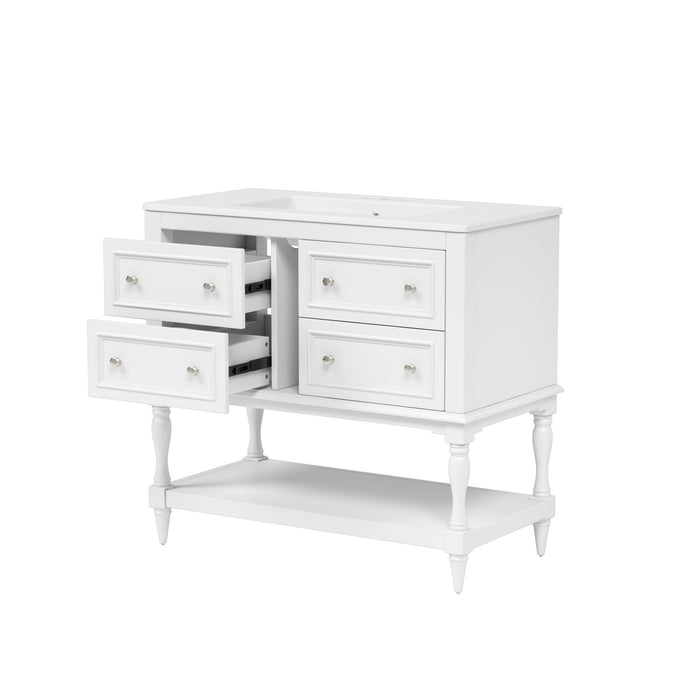 Giga bathroom vanity with medicine cabinet, four-drawer storage, adjustable shelf, and mirror in a modern bathroom setting