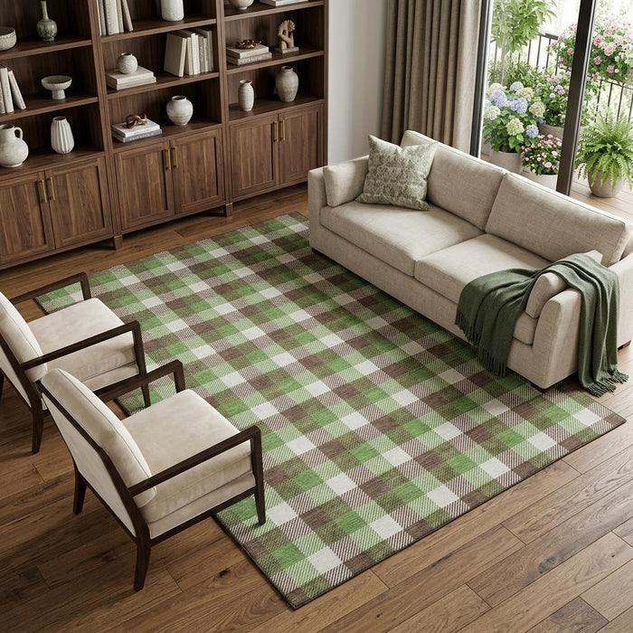 10' X 14' Plaid Washable Area Rug With UV Protection (682535) - Brown / Ivory / Green