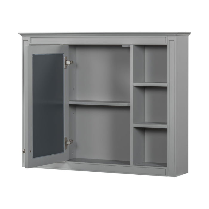 Wall-mounted Giga medicine cabinet with mirror, featuring six open shelves and adjustable interior storage.