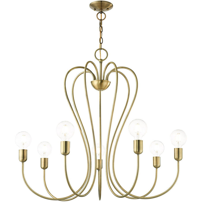 29" Seven Light Dimmable Chandelier With Shades - Antiqued Brass