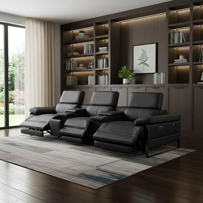 Top Grain Leather Reclining Metal USB Sofa (720342) - Black