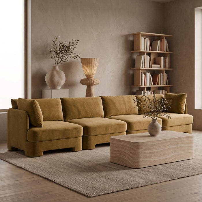 Meridian Furniture Hammond velvet performance fabric stationary sectional sofa with plush cushions and modern design.