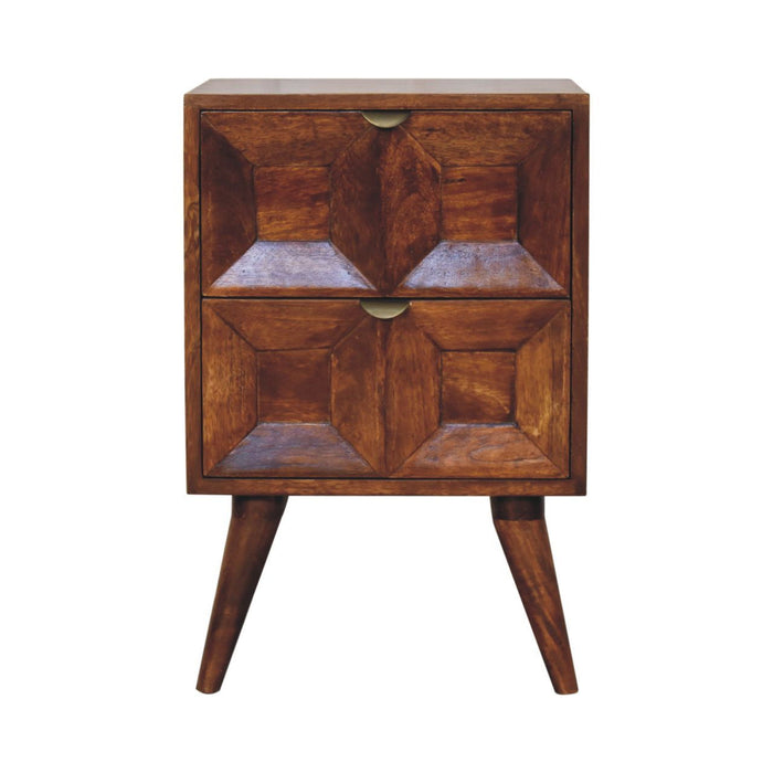 24" Solid Wood Square Carved Geometric Two Drawer Nightstand - Chestnut