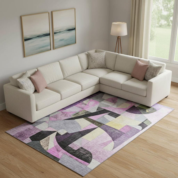 10' X 14' Abstract Washable Area Rug With UV Protection (700373) - Purple / Black / Yellow