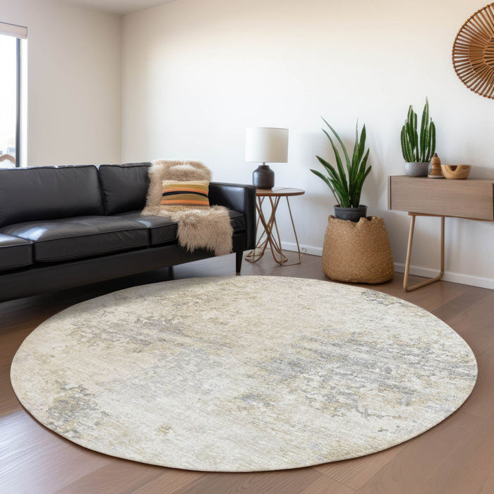 8' Abstract Washable Round Rug With UV Protection - Ivory / Beige