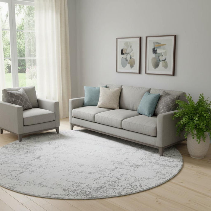 8' Abstract Washable Round Rug With UV Protection (651079) - Gray / Ivory