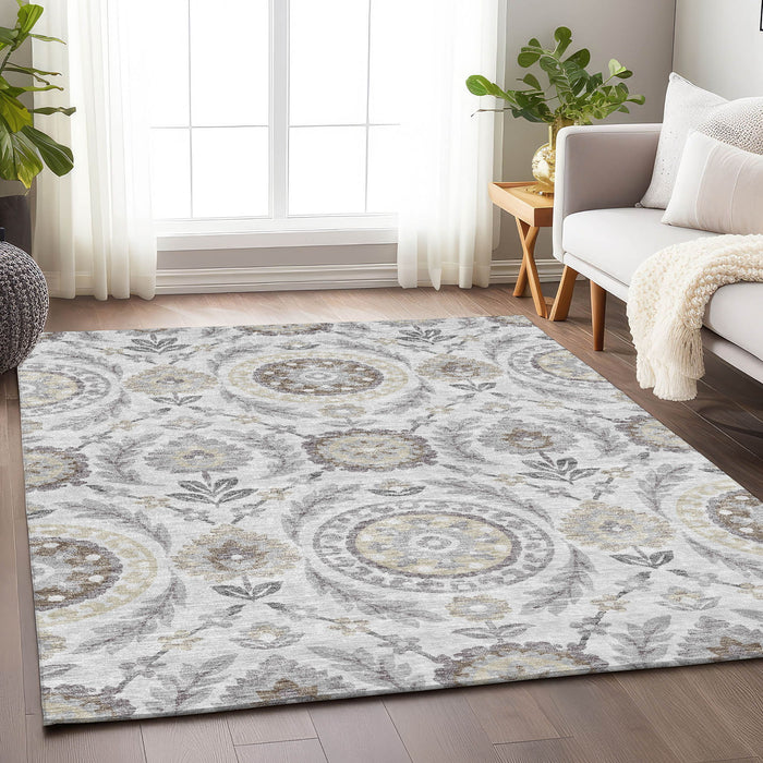 9' X 12' Floral Washable Area Rug With UV Protection - Silver And Beige