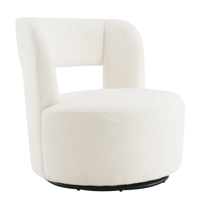 Giga swivel chair with plush teddy fabric, round barrel design, soft cushioning, perfect for modern living room seating.