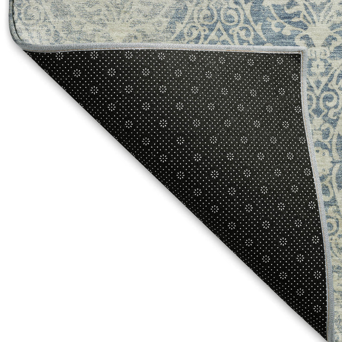 10' X 14' Damask Washable Area Rug With UV Protection (692088) - Denim Blue / Ivory