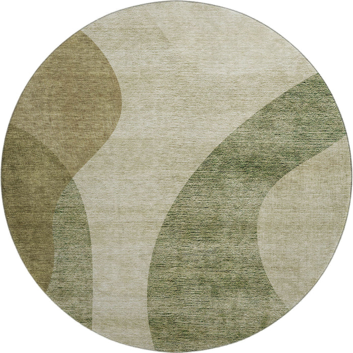 8' Geometric Washable Round Rug With UV Protection (654823) - Beige / Olive Green