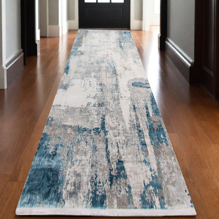3' X 10' Abstract Runner Rug With Fringe - Gray