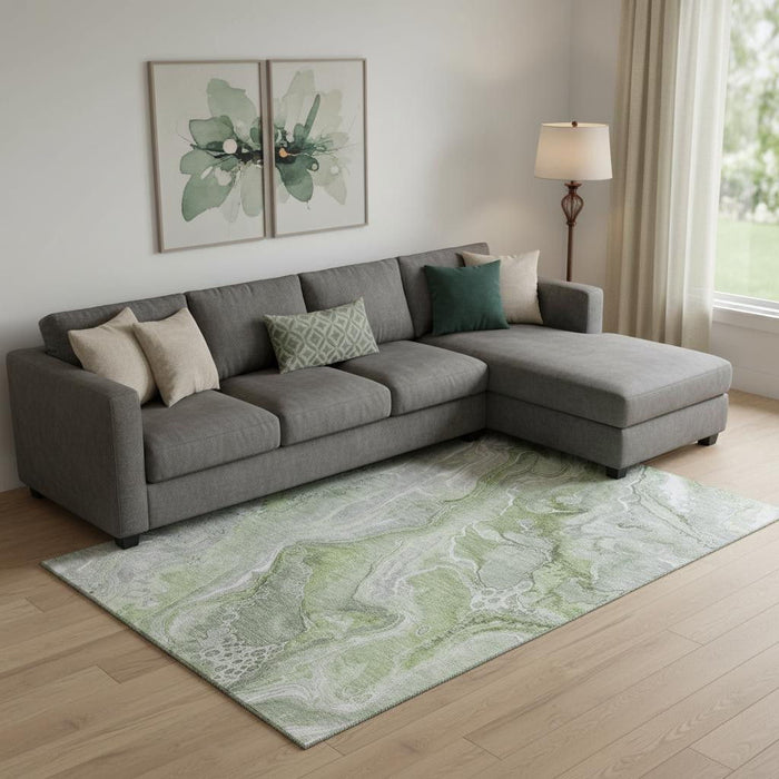 10' X 14' Abstract Washable Area Rug With UV Protection (697037) - Artichoke Green / Gray / Silver