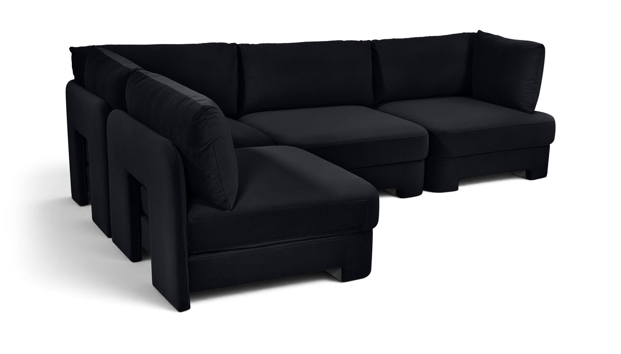 Meridian Furniture velvet performance fabric upholstered 4-piece armless sectional sofa for modern living rooms.