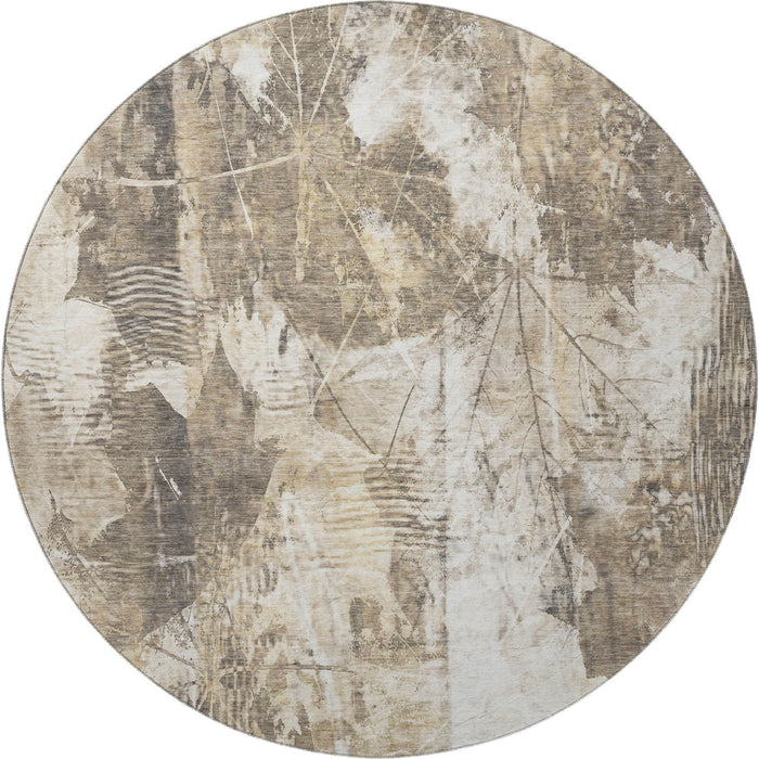 8' Floral Washable Round Rug With UV Protection (649063) - Beige / Ivory