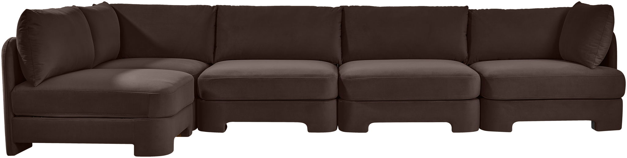 Velvet performance fabric upholstered L-shaped sectional sofa by Meridian Furniture, five-piece stationary sectional for living room.