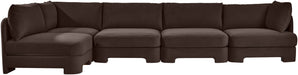 Velvet performance fabric upholstered L-shaped sectional sofa by Meridian Furniture, five-piece stationary sectional for living room.