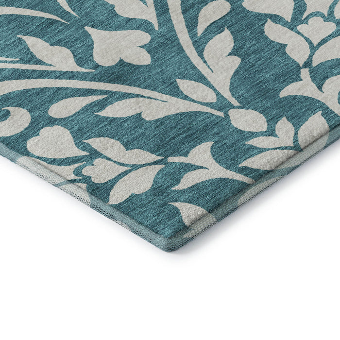10' X 14' Floral Washable Area Rug With UV Protection (669666) - Teal / Ivory