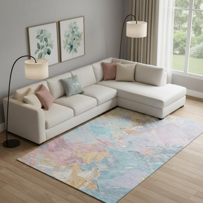 10' X 14' Abstract Washable Area Rug With UV Protection (697992) - Teal / Gold / Pink