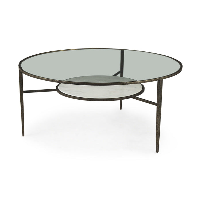HomeRoots glass and metal round coffee table with a shelf, featuring clear glass top and bronze frame, modern living room design.
