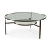 HomeRoots glass and metal round coffee table with a shelf, featuring clear glass top and bronze frame, modern living room design.