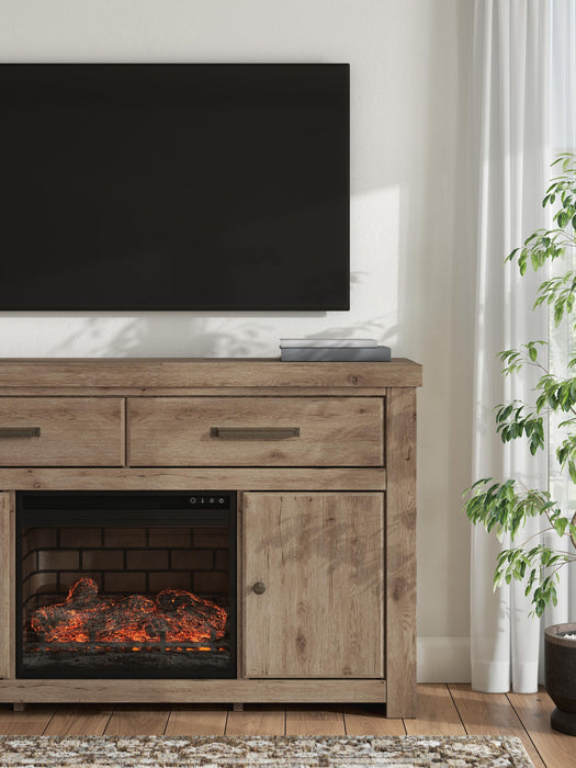 Signature Design by Ashley Garistyn TV stand with built-in fireplace, featuring wood finish and modern storage compartments.