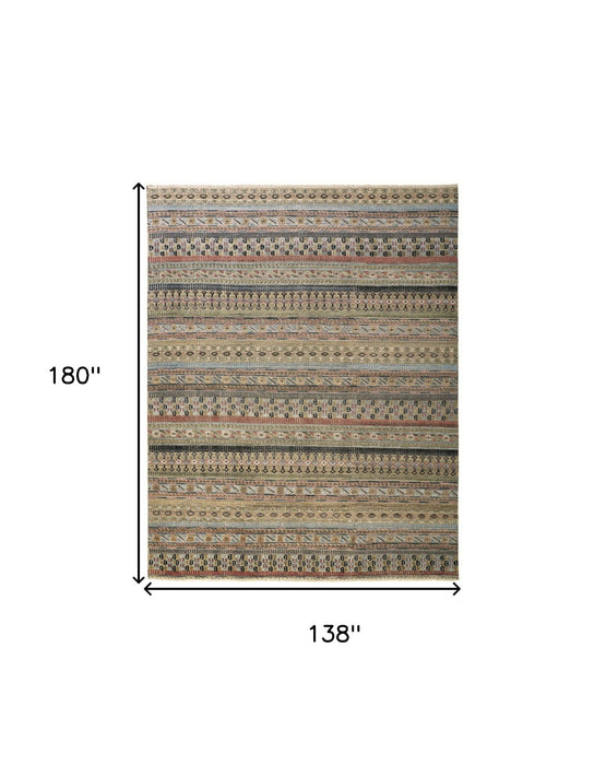 12' x 15' Striped Hand Knotted Area Rug - Tan Blue And Orange