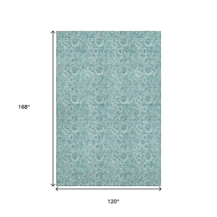 10' X 14' Floral Washable Area Rug With UV Protection (655156) - Teal / Ivory