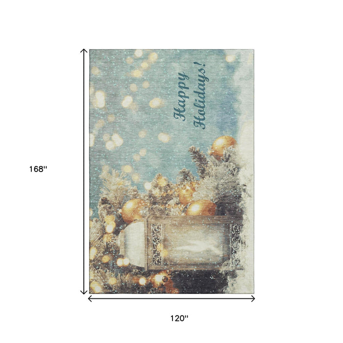 10' X 14' Christmas Distressed Washable Area Rug With UV Protection (646421) - Blue / Gold / Ivory