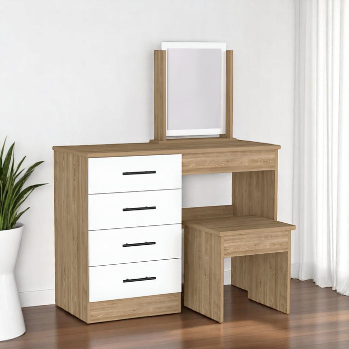 39" Wood Four Drawer Vanity Table With Mirror And Seat - Natural And White