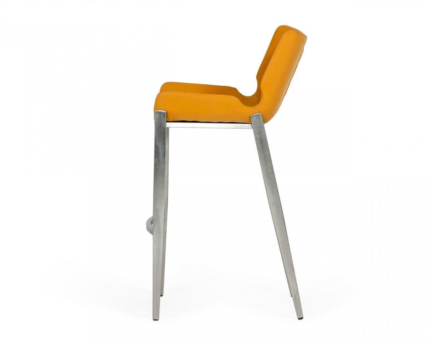 Faux Leather And Steel Low Back Bar Height Bar Chairs (Set of 2) - Orange And Silver