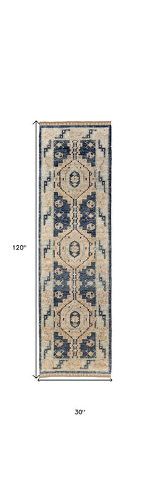 10' Wool Geometric Hand Knotted Runner Rug With Fringe - Blue And Ivory