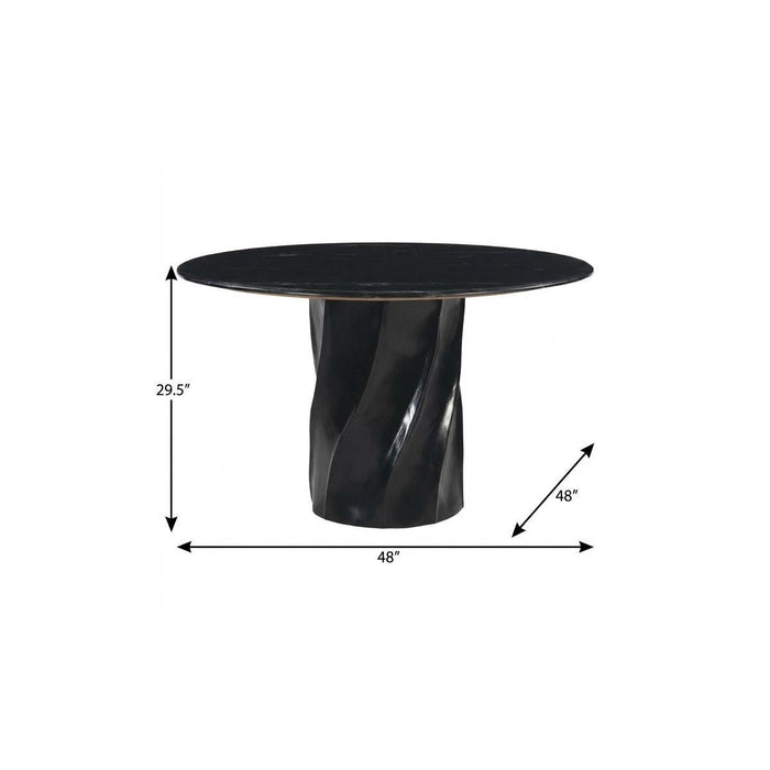 48" Marble And Wood Pedestal Base Round Top Dining Table - Black