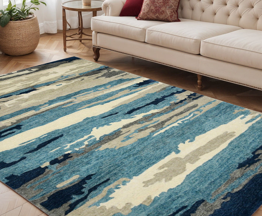 5' X 8' Wool Abstract Hand Tufted Area Rug - Blue