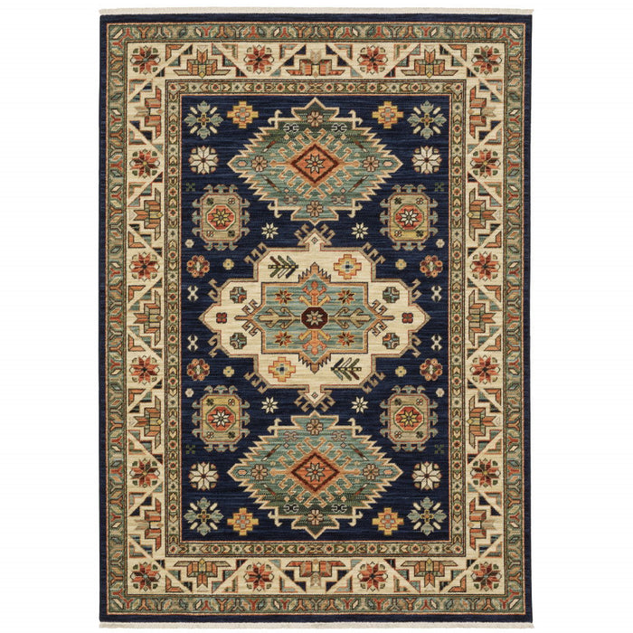 6' x 9' Oriental Power Loom Stain Resistant Area Rug With Fringe - Navy Charcoal Orange Rust Gold Pale Blue Olive Beige And Salmon