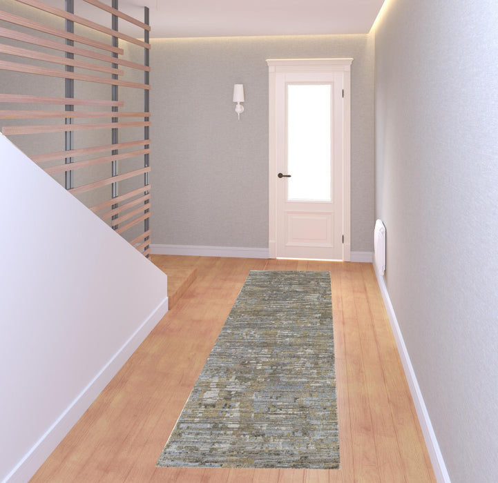 8' Wool Abstract Hand Knotted Runner Rug - Brown And Gray