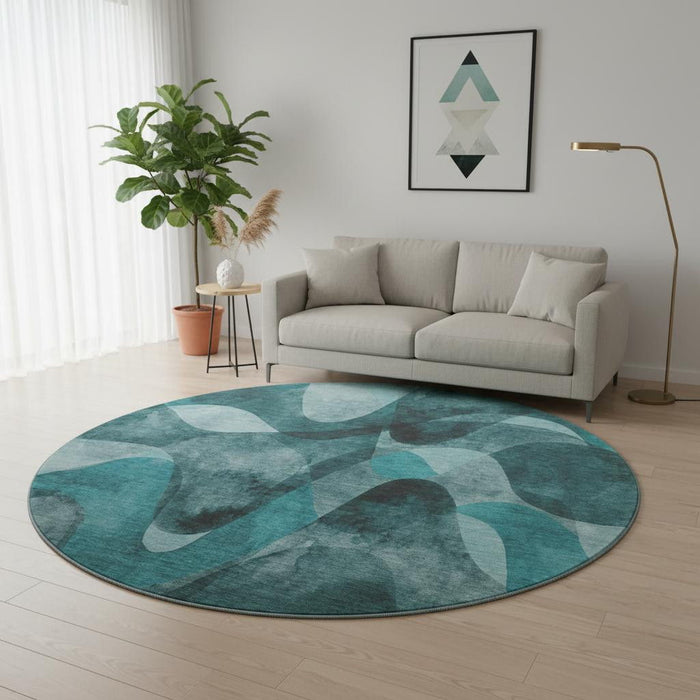 8' Abstract Washable Round Rug With UV Protection (648103) - Teal / Ivory