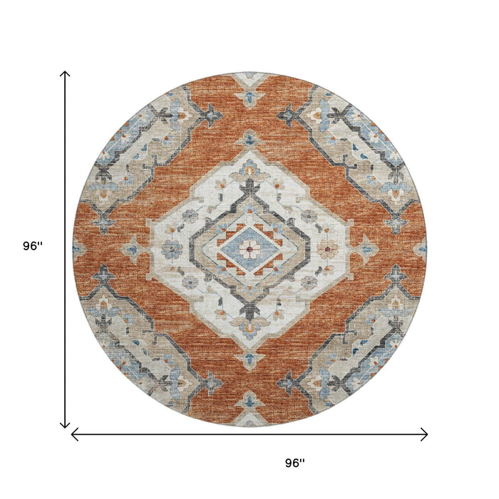 8' Tribal Distressed Washable Round Rug With UV Protection (644183) - Terra Cotta / Ivory / Blue