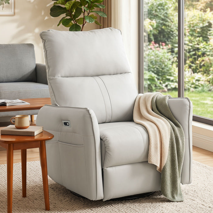 Giga 29.92" power swivel rocker recliner chair with USB ports, electric glider, nursery and living room seating in dark fabric.