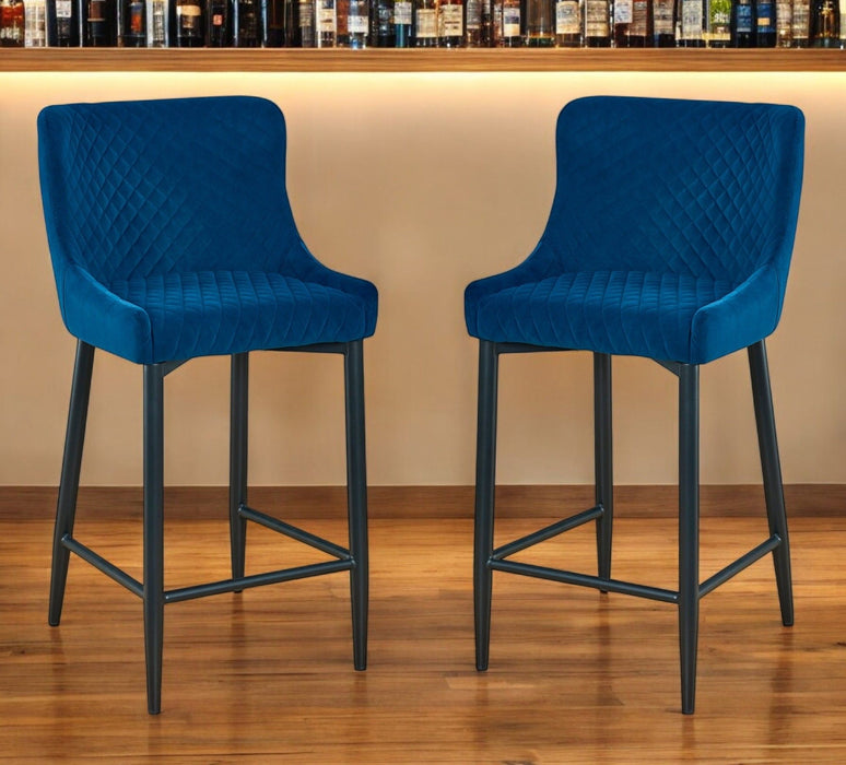 26" Velvet And Metal Low Back Counter Height Bar Chairs (Set of 2) - Blue / Black
