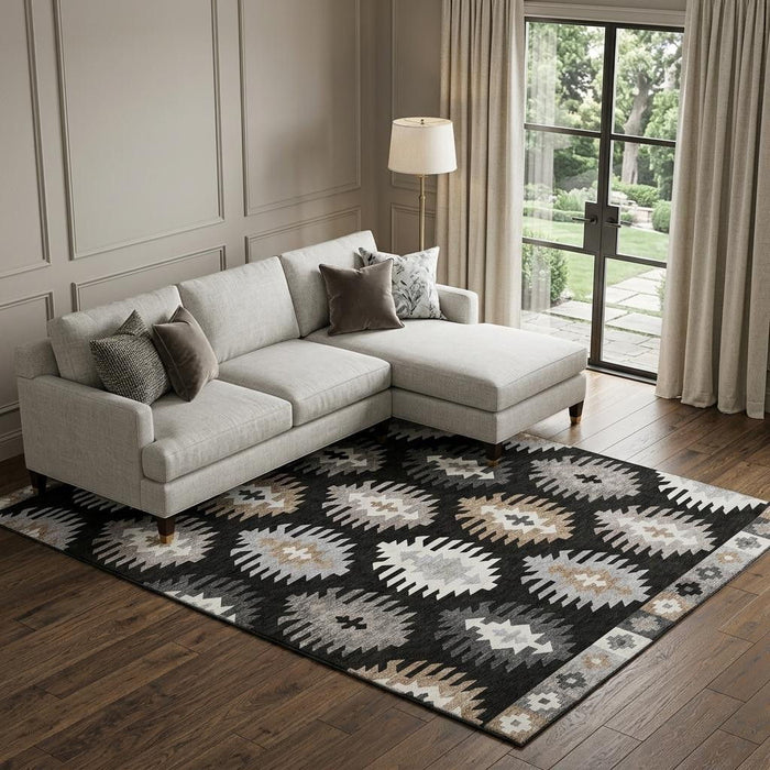 10' X 14' Southwestern Washable Area Rug With UV Protection (677609) - Black / Ivory / Gray