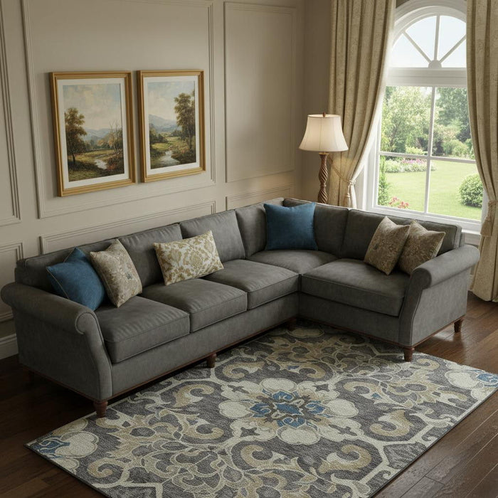 10' X 14' Floral Medallion Washable Area Rug With UV Protection (709060) - Beige / Charcoal / Blue