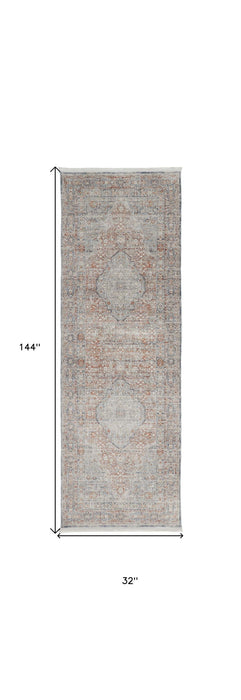 12' Oriental Power Loom Worn Faded Runner Rug With Fringe - Gray Ivory And Orange
