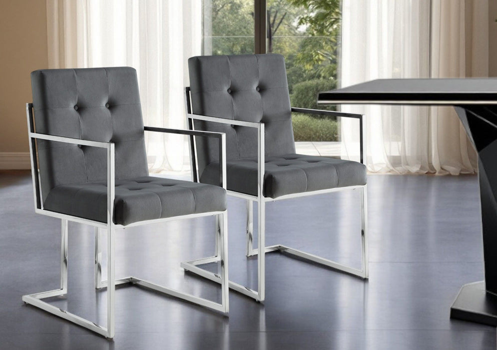 Tufted And Metallic Upholstered Velvet Dining Arm Chairs (Set of 2) - Gray