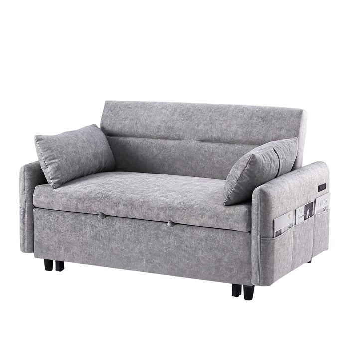 Giga pull-out sleeper sofa bed with adjustable backrest, storage pockets, two pillows, and USB ports in a modern living room setting.