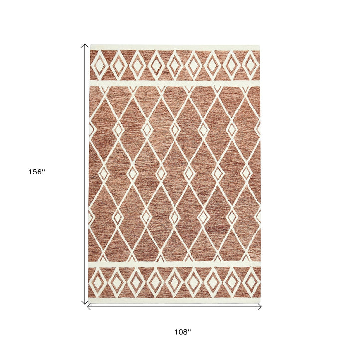 9' X 13' Wool Argyle Hand Hooked Area Rug - Rust And Ivory