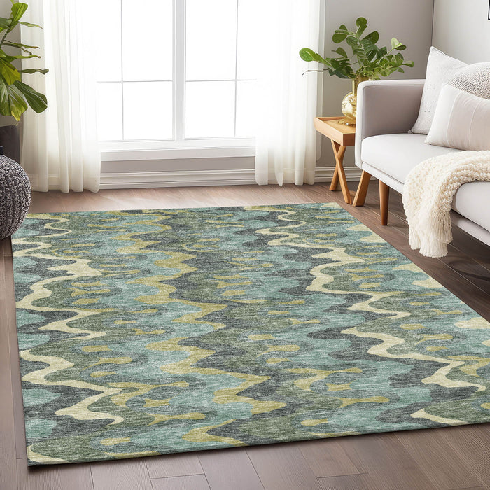 8' X 10' Abstract Washable Area Rug With UV Protection - Sage And Beige