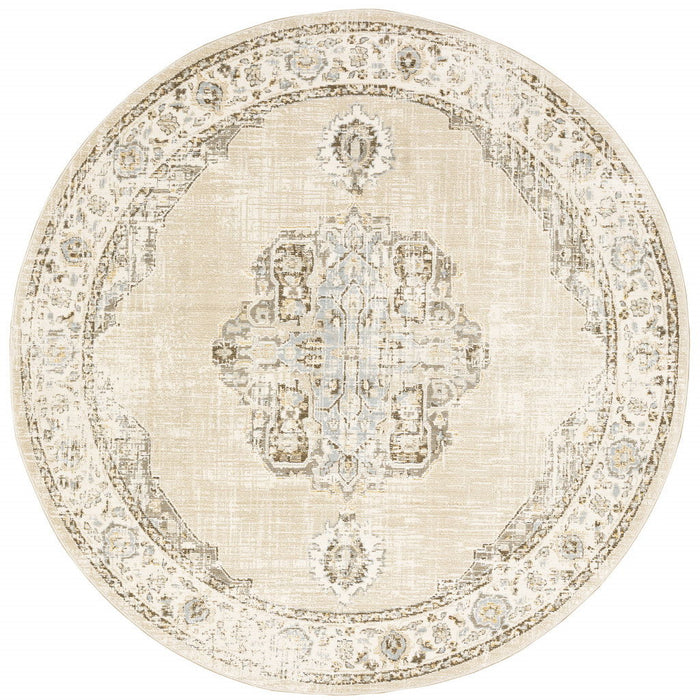7.9' x 7.9' Round Oriental Power Loom Area Rug - Beige And Ivory