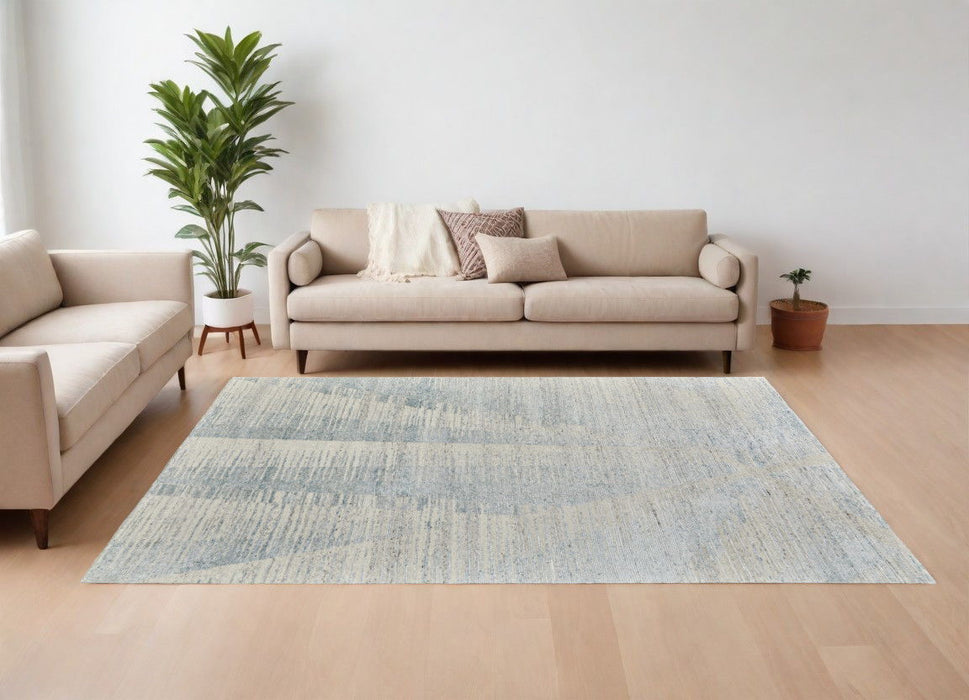7.8' x 9.8' Abstract Hand Knotted Worn Faded Area Rug - Ivory And Blue