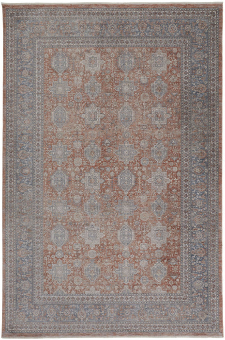 7' x 10' Oriental Power Loom Worn Faded Area Rug With Fringe - Blue And Red
